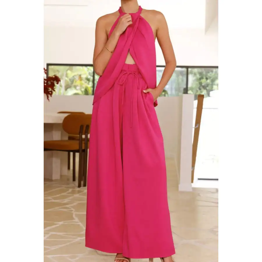 Halter Neck Top and Wide Leg Pants Set