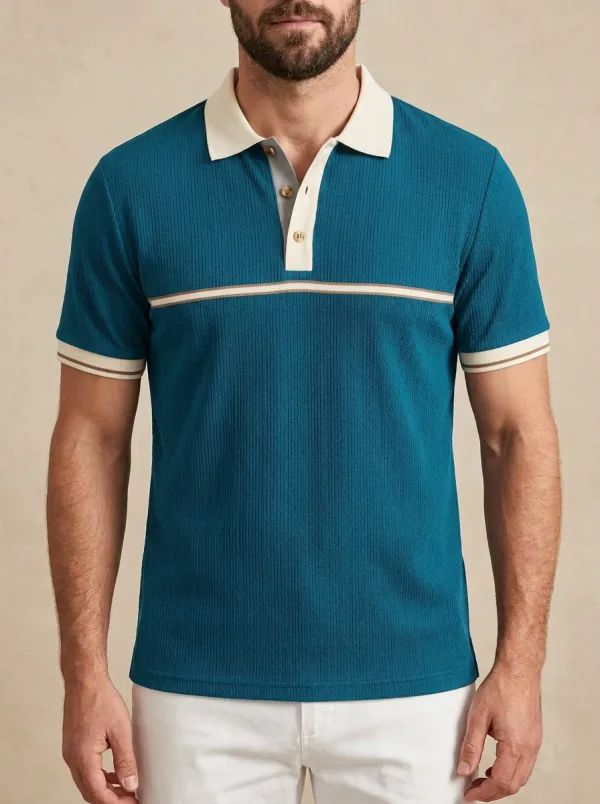Men's Casual Vintage Contrast Striped Ribbed Polo Shirt