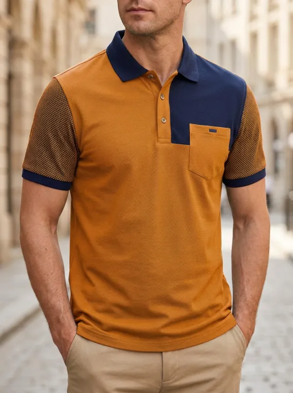 Men's Colorblock Pocket Textured Sleeve Textured Polo Shirt