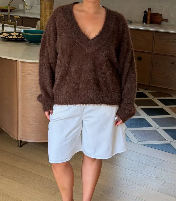 Chocolate Fluffy V-Neck Sweater