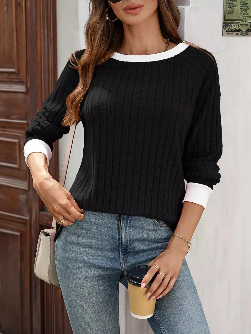 Ribbed Round Neck Raglan Sleeve Knit Top