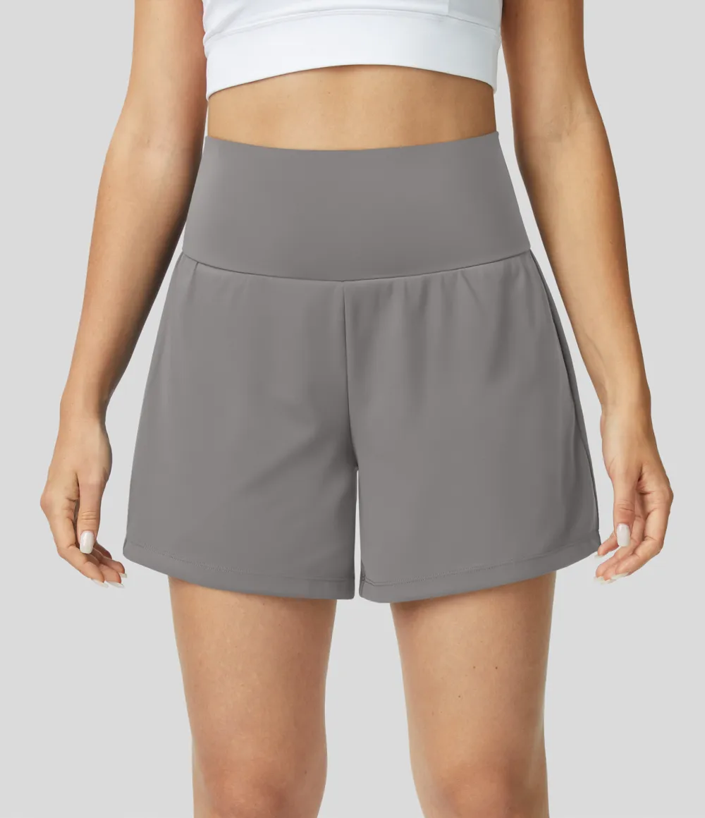 Super High Waisted Back Pocket & Side Hidden Pocket 2-in-1 Yoga Shorts 5''-Longer Length