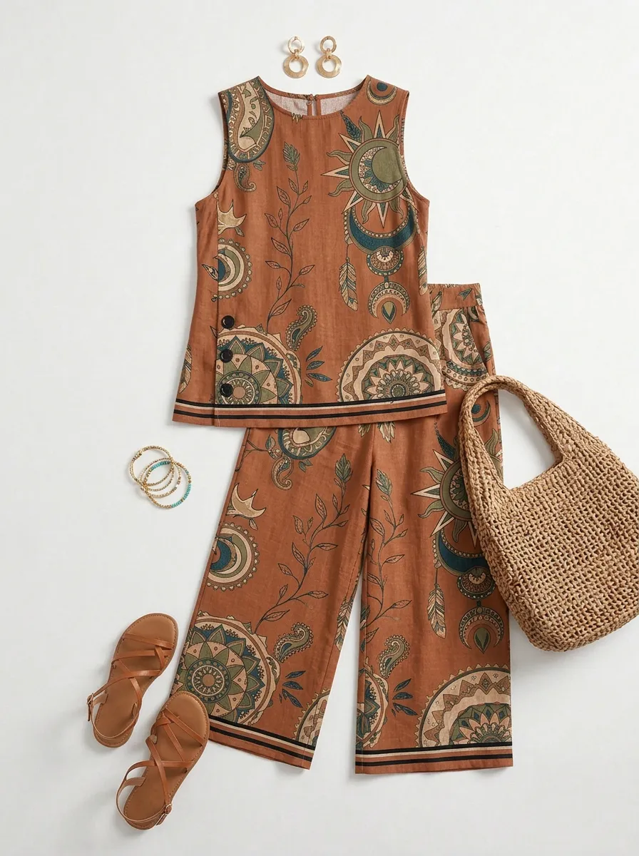 Women's Boho Sun Moon Floral Printed Sleeveless Set