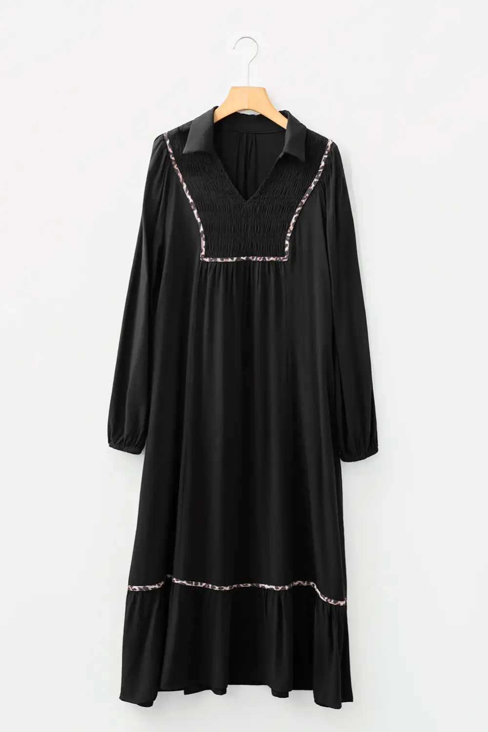 Maxi Collared V Neck Smocked Detail Contrast Leopard Trim