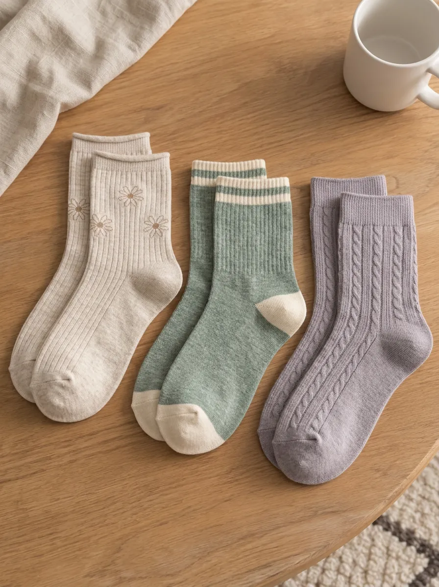 Women's Assorted Daisy Floral Cable Knit Ribbed Striped Embroidered Printed 3-Pack Crew Sock Set