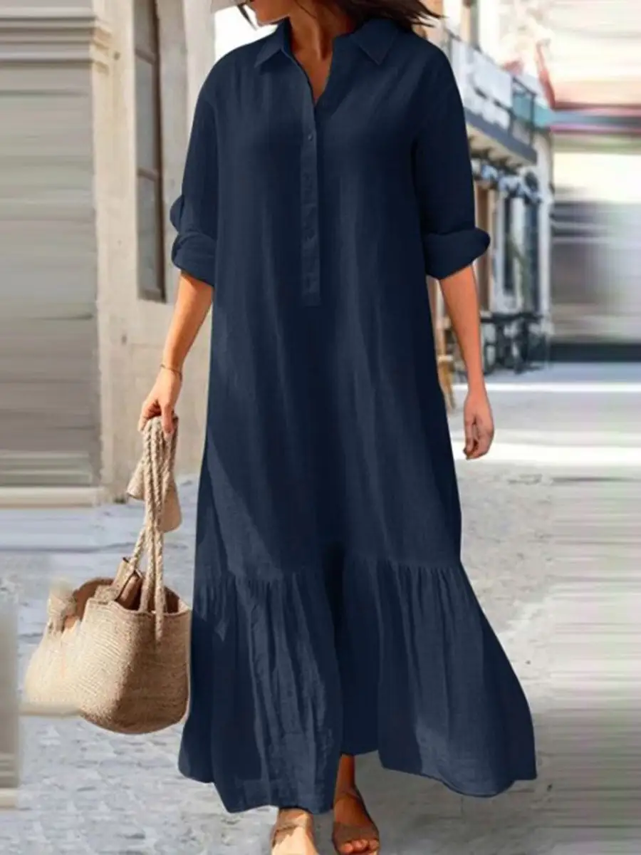 Sleeves Pleated Buttoned Long Maxi Dress