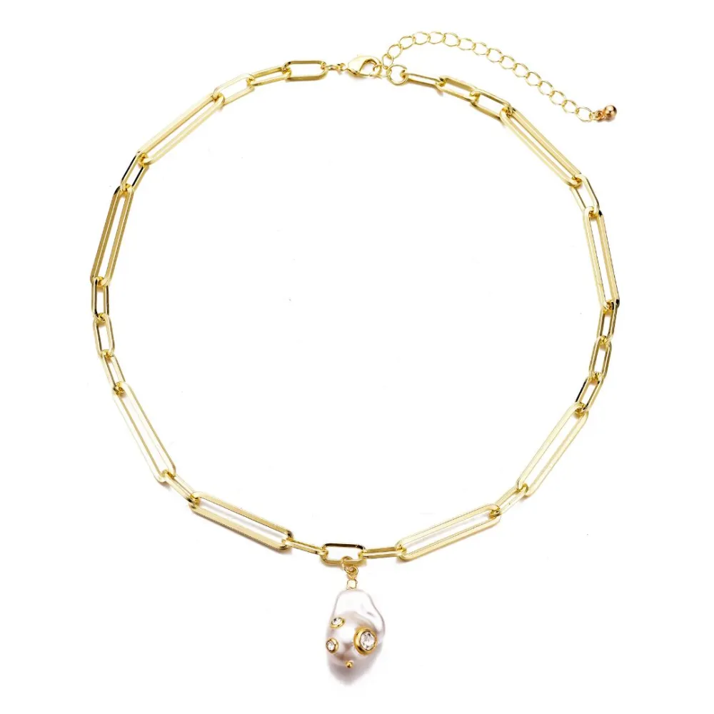 Pearl Crystal Paperclip Chain Necklace