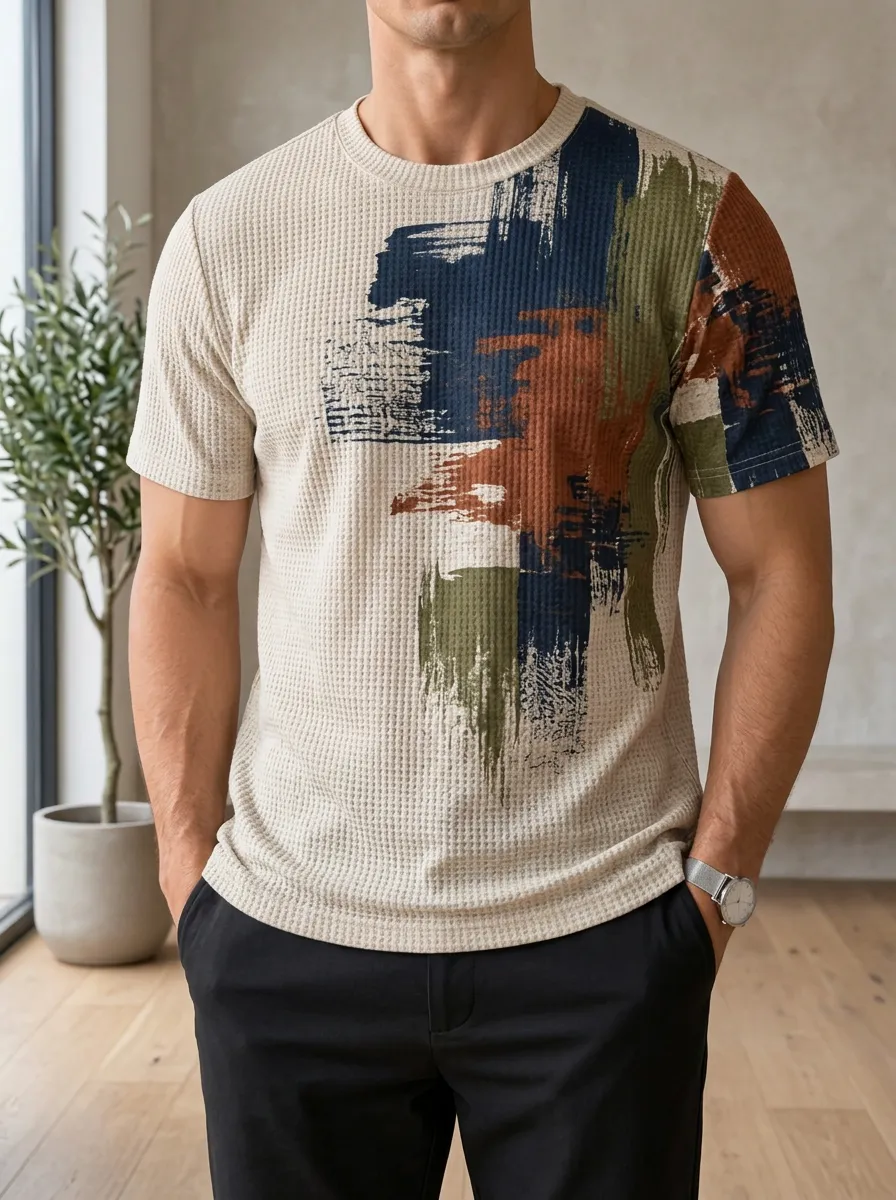 Men's Abstract Brushstroke Waffle Knit Urban Crew Neck T-Shirt
