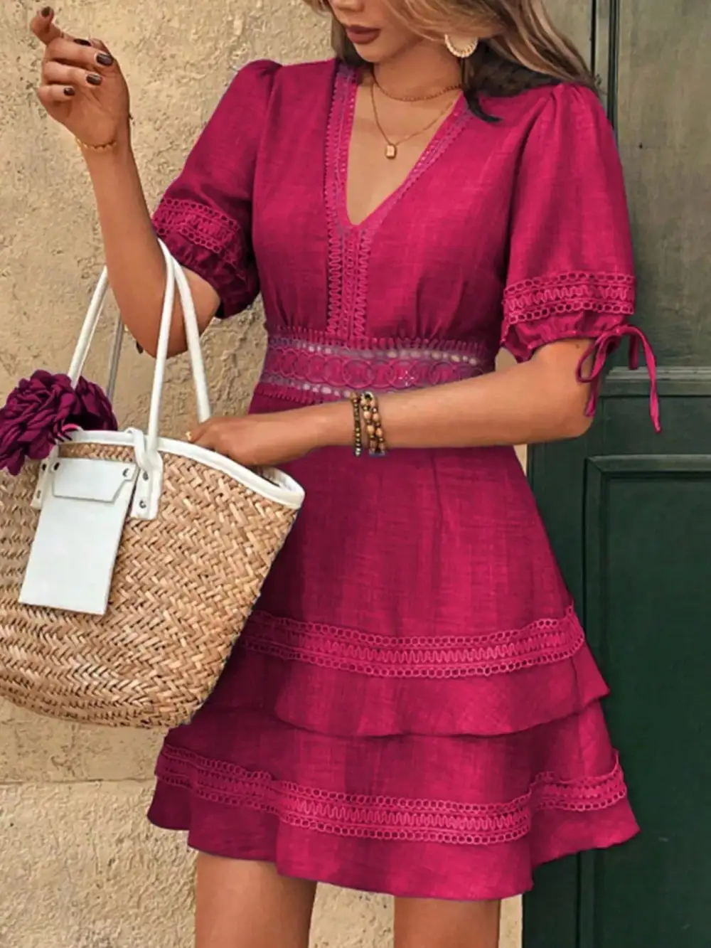Modern Everyday Lace Detail V-Neck Mini Dress