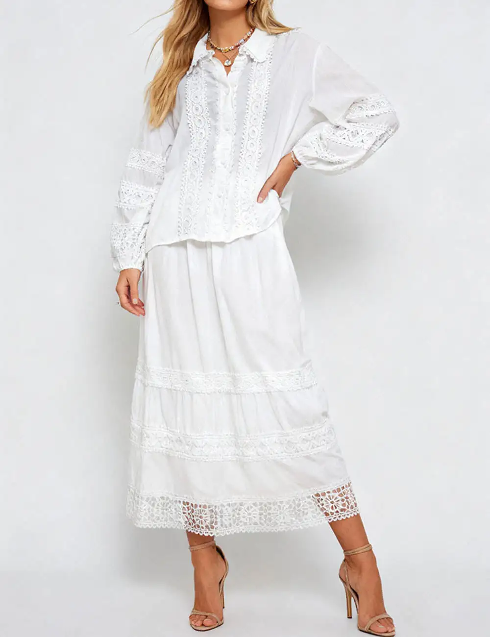 Boho Crochet Lace Trim Button Down Blouse and Tiered Skirt Set