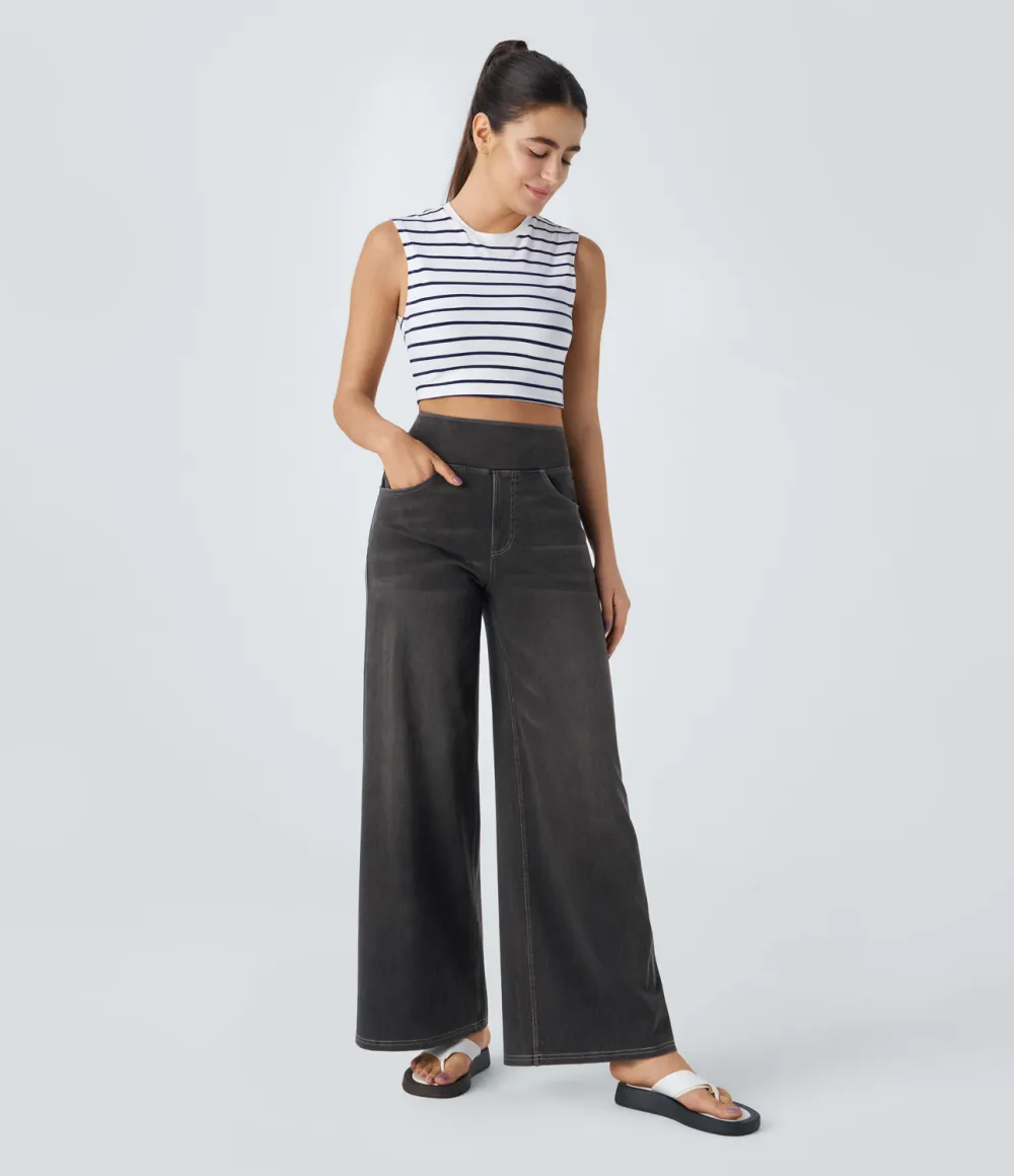 Magic High Waisted Multiple Pockets Wide Leg Washed Stretchy Knit Casual Jeans
