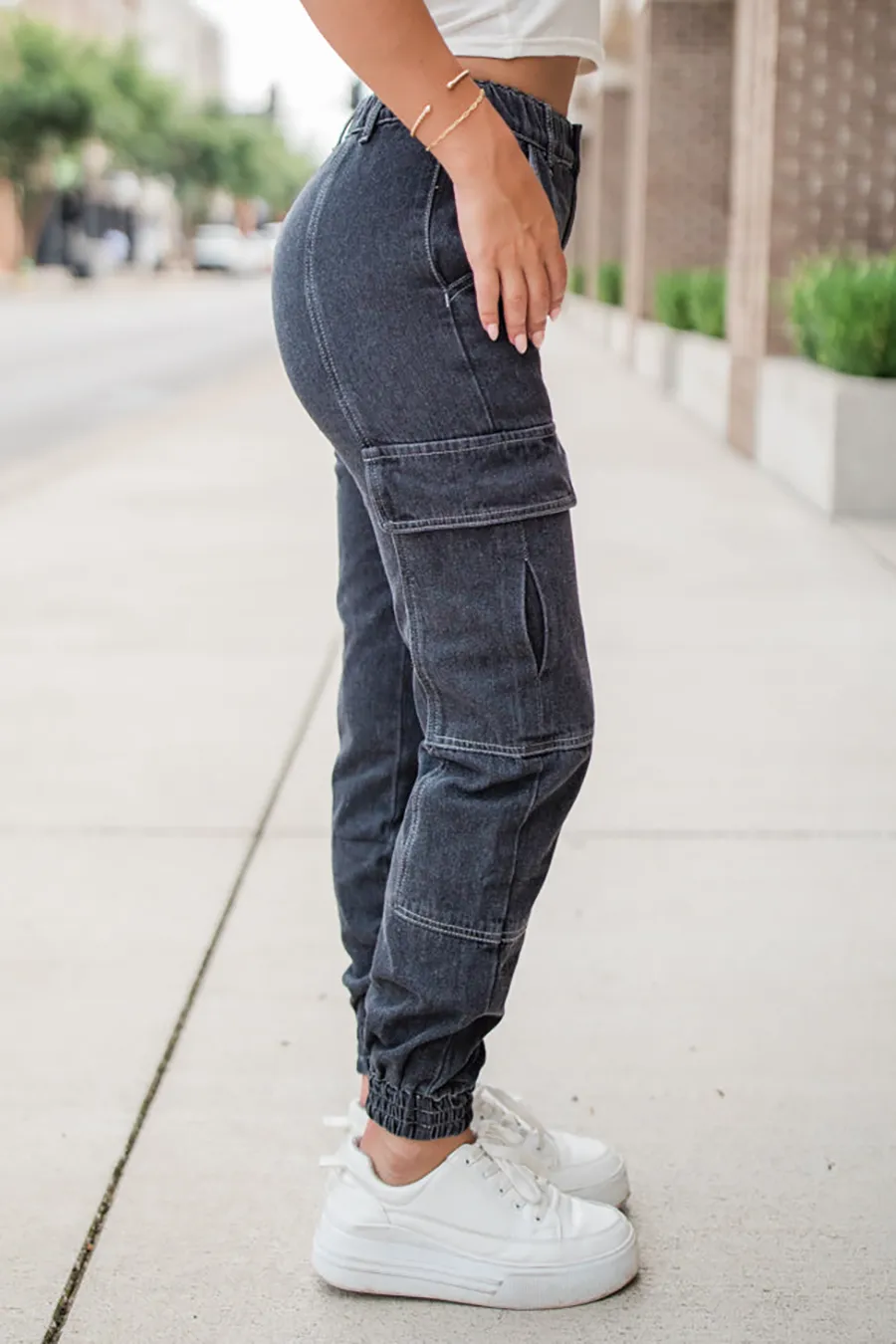 Cotton Washed Black Cargo Style Jeans