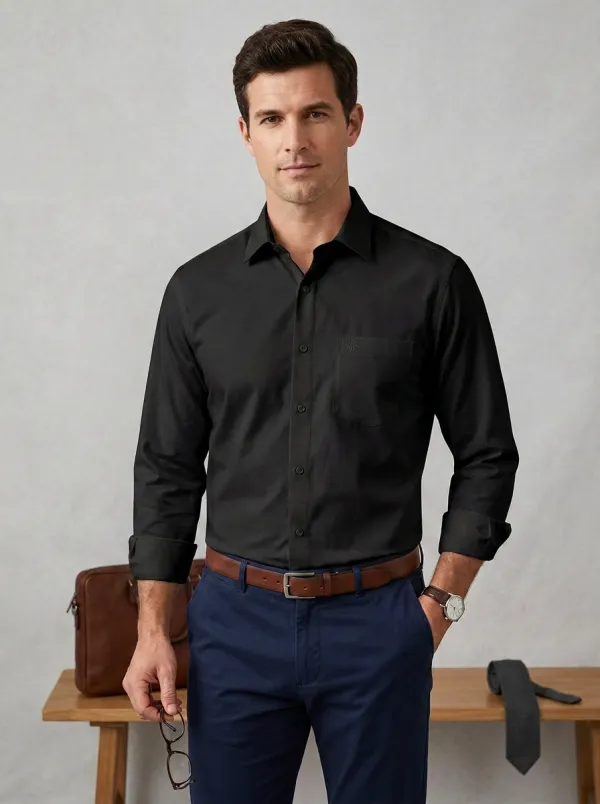 Men's Non-Iron Cotton Solid Color Pocket Long Sleeve Shirt