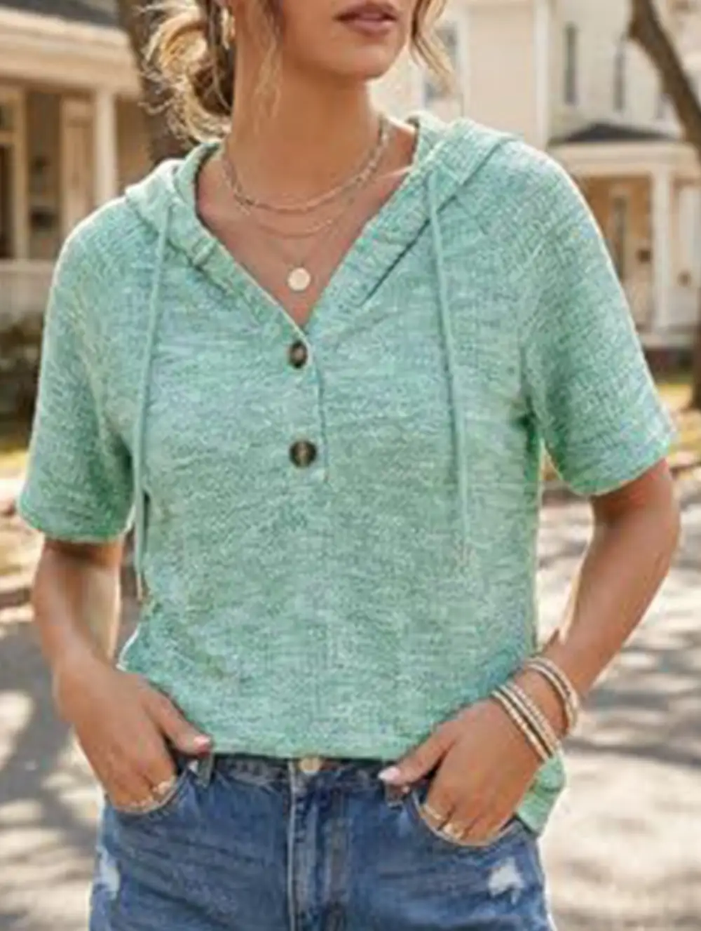 Waffle V-Neck Hooded Short Sleeve Top