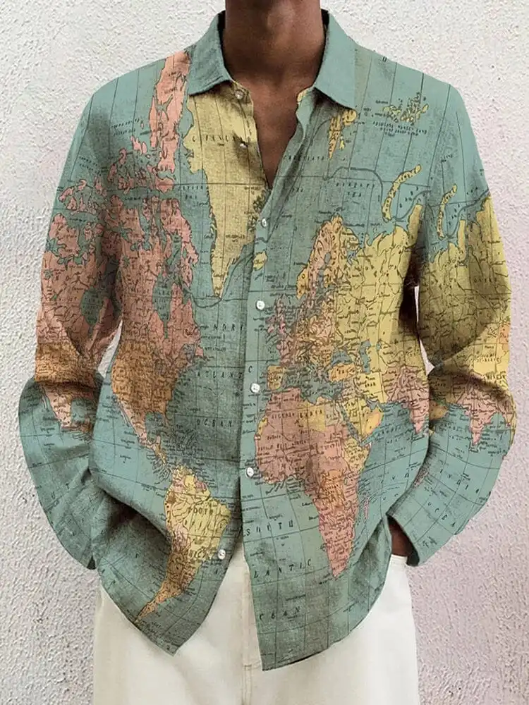 Open Collar Cotton Linen Printed Shirt