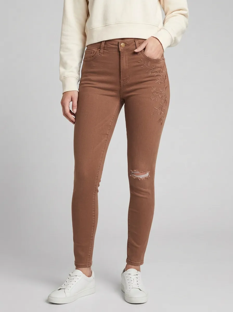 Women's Camden Floral Embroidered Distressed Graphic Slim Jeans