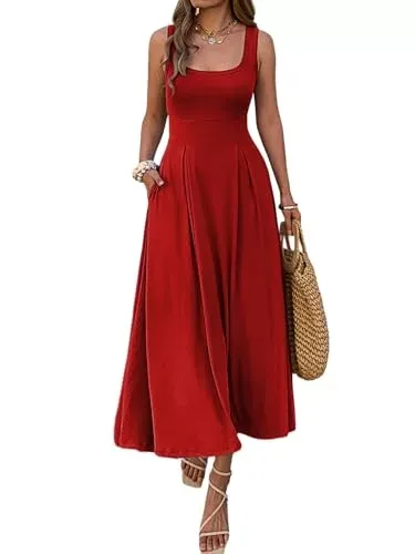 Women’s Summer Sleeveless Empire Maxi Dress Square Neck A-Line Pleated Flowy Elegant Casual Dresses with Pockets