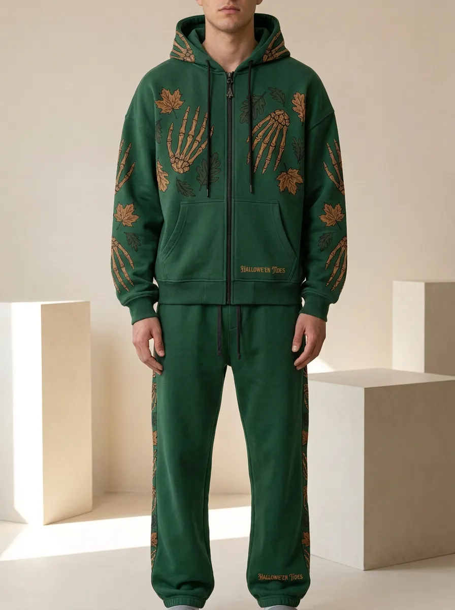 Men's Halloween Skeleton Hand Maple Leaf Printed Hoodie Jogger Set