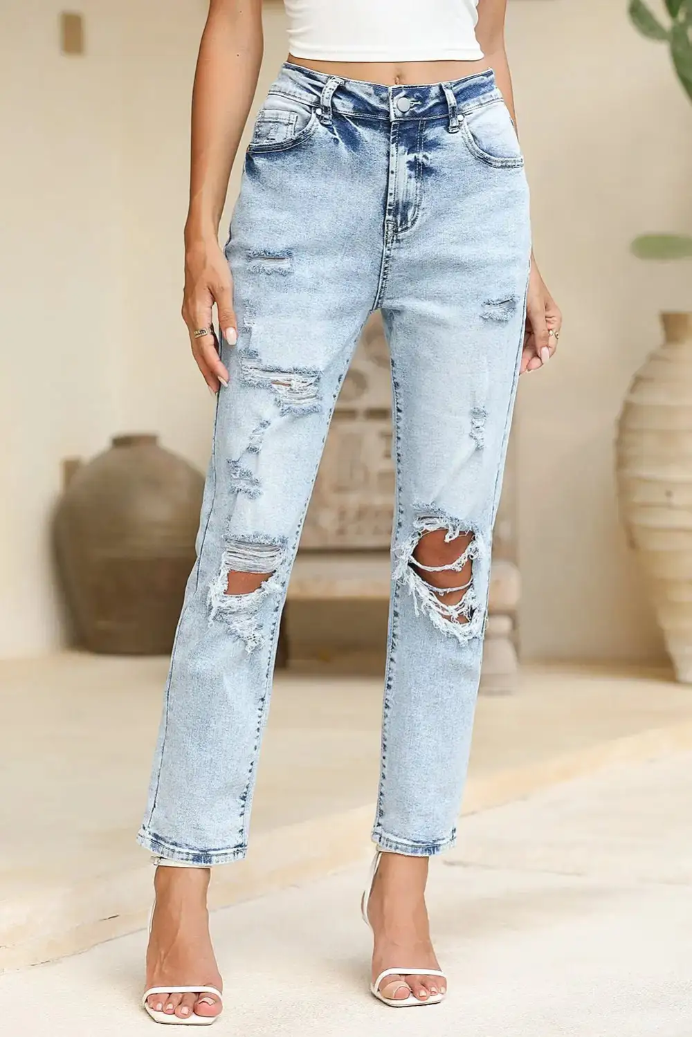 High Waist Distressed Frayed Hem Casual Jeans