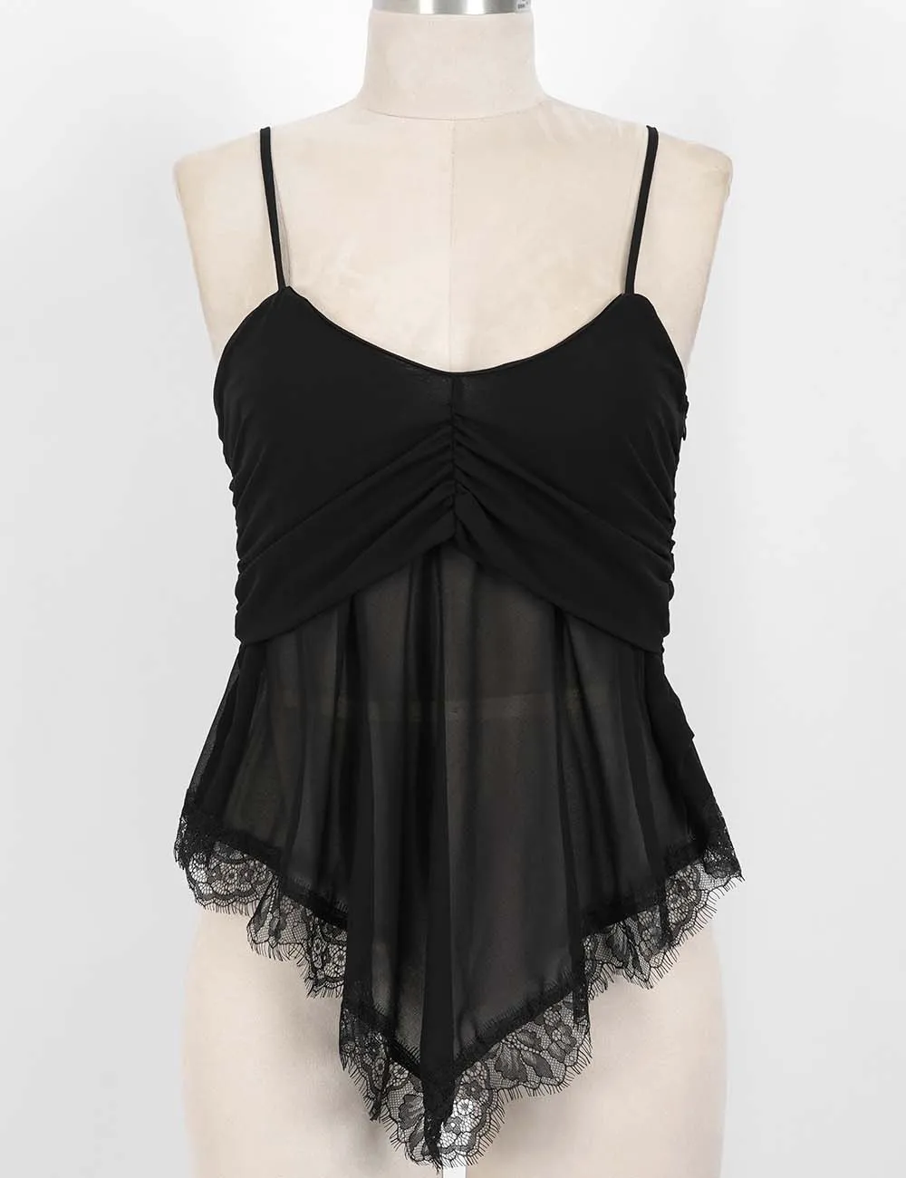 Sheer Mesh Lace Hem Spaghetti Strap Cami Top