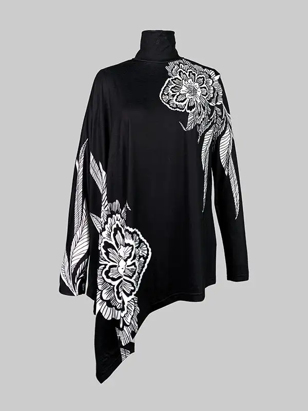 Batwing Sleeve Relaxed Asymmetric Floral Print Panel Detail High Neck T-Shirt