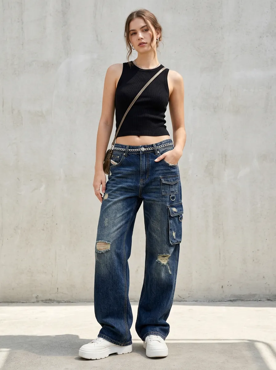 Women's Y2K Streetwear Distressed Cargo Denim Pants