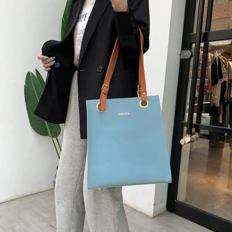 Durable PU Tote Bag Square Vertical Zipper Everyday