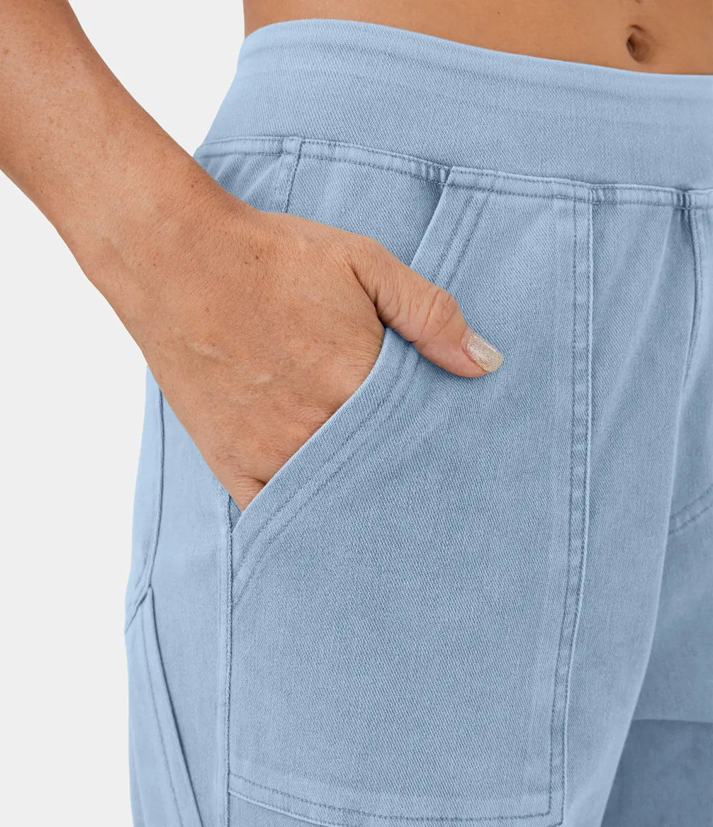 Magic Mid Rise Multiple Pockets Straight Leg Stretchy Knit Casual Cargo Jeans
