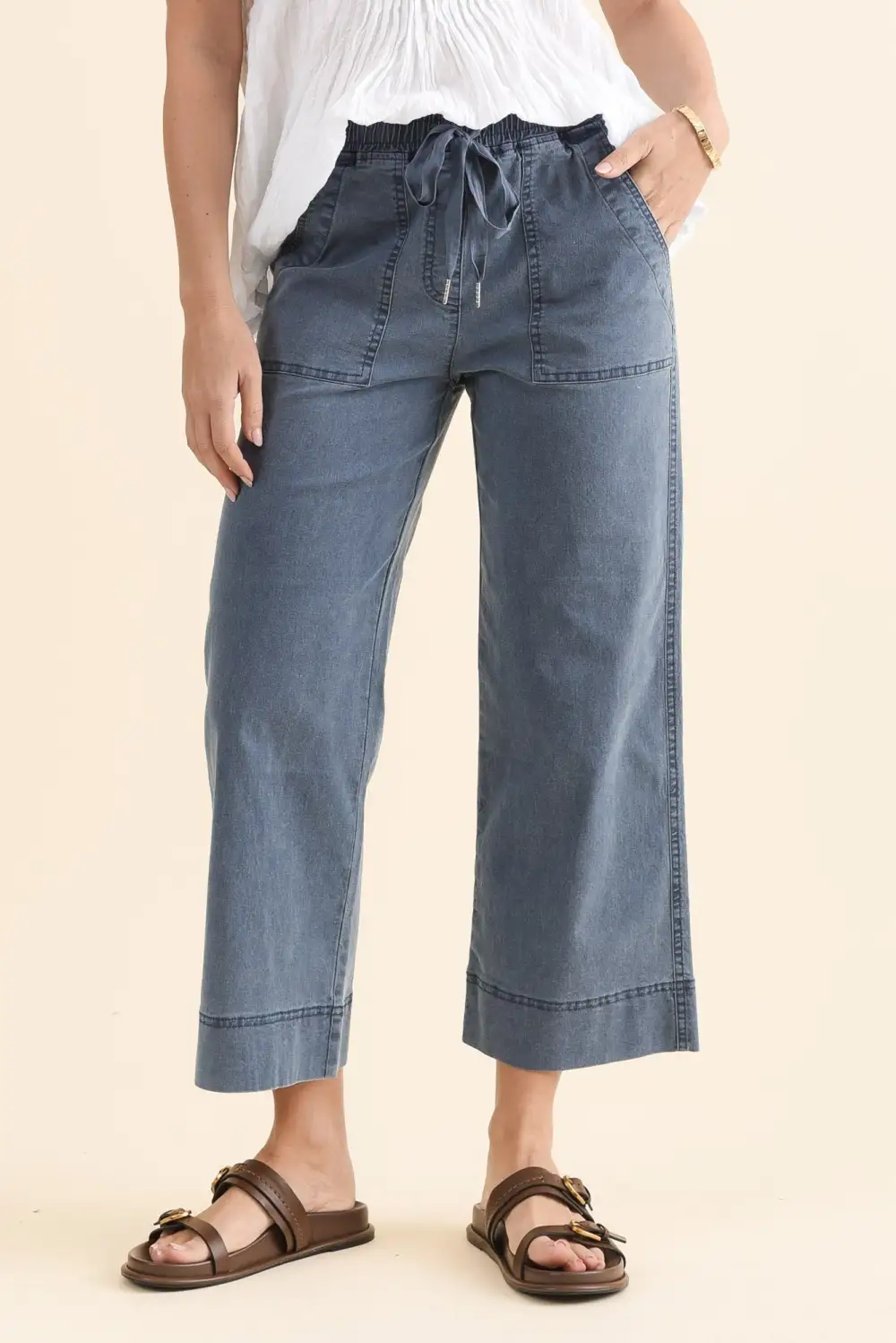 Denim High Rise Drawstring Pants