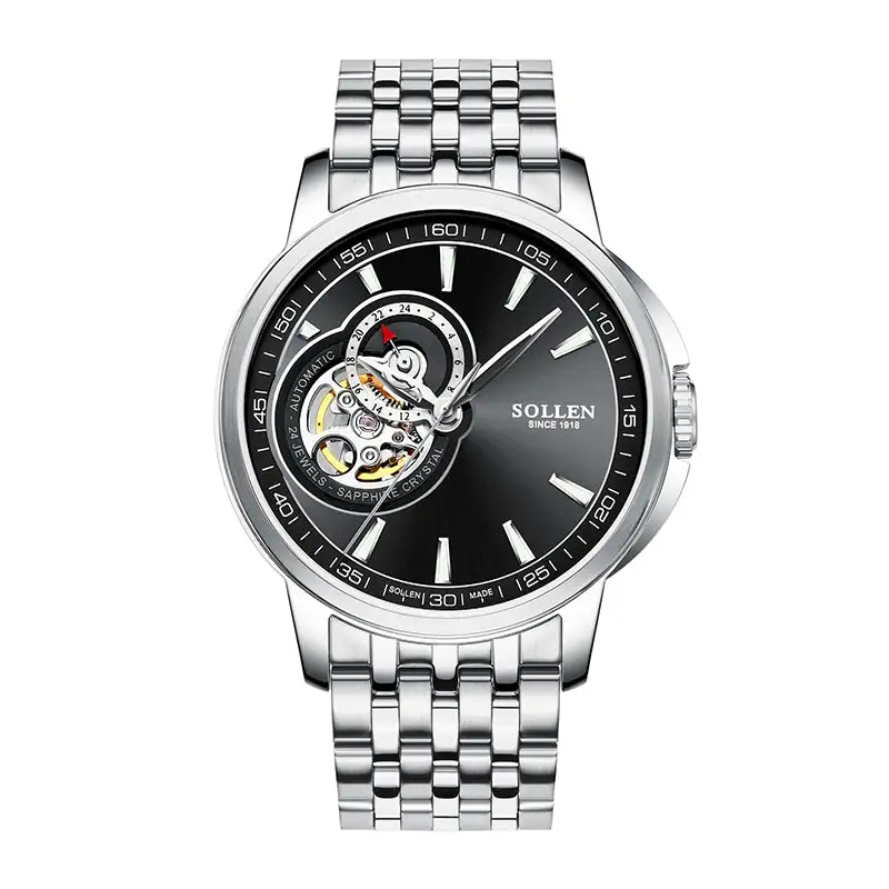 Sollen SL502 Automatic Watch - Men's Stainless Steel 7-Bead Bracelet Open-Heart Seiko NH39A Wristwatch