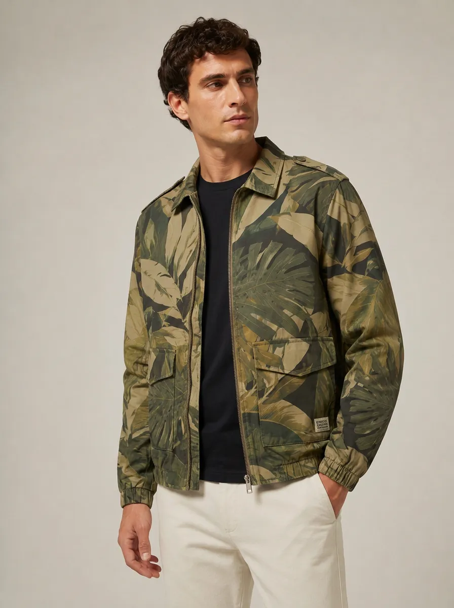 Men's Tropical Leaf Camo Printed Zip-up Jacket