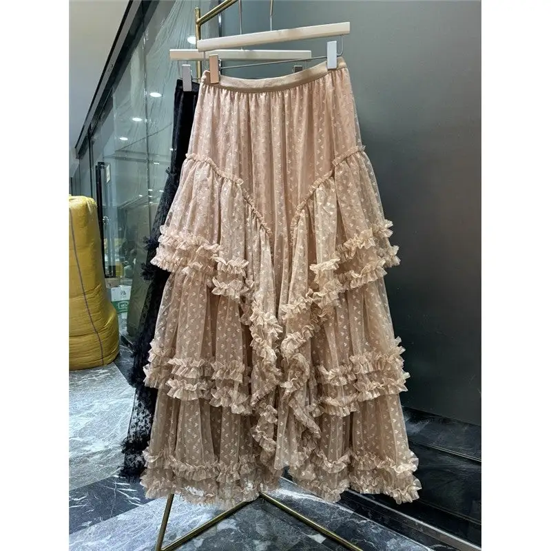 Structured A-Line Lace Mesh Midi Skirt