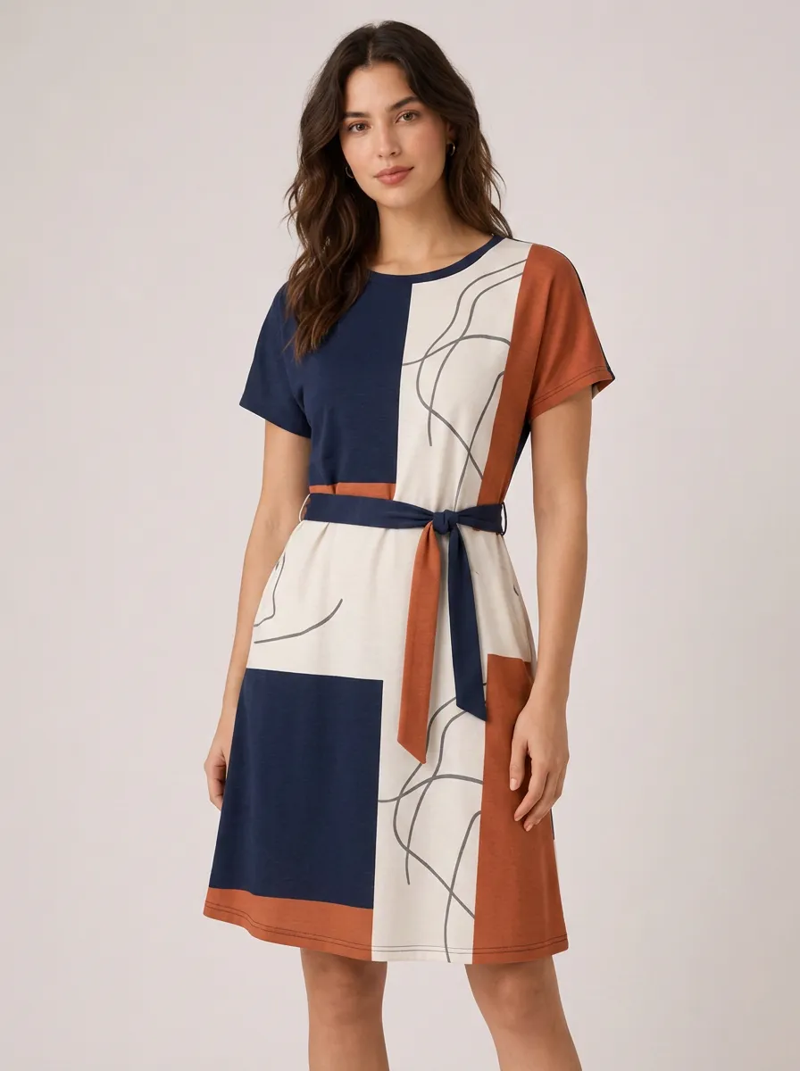 Women's Abstract Geometric Colorblock Printed Belted Dress
