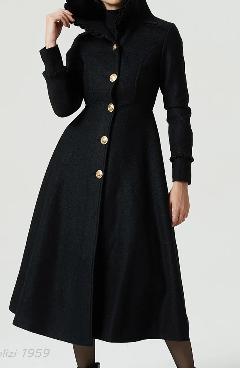 Wool Blend Fit and Flare Hooded Ruffle Trim Pocketed Long Coat