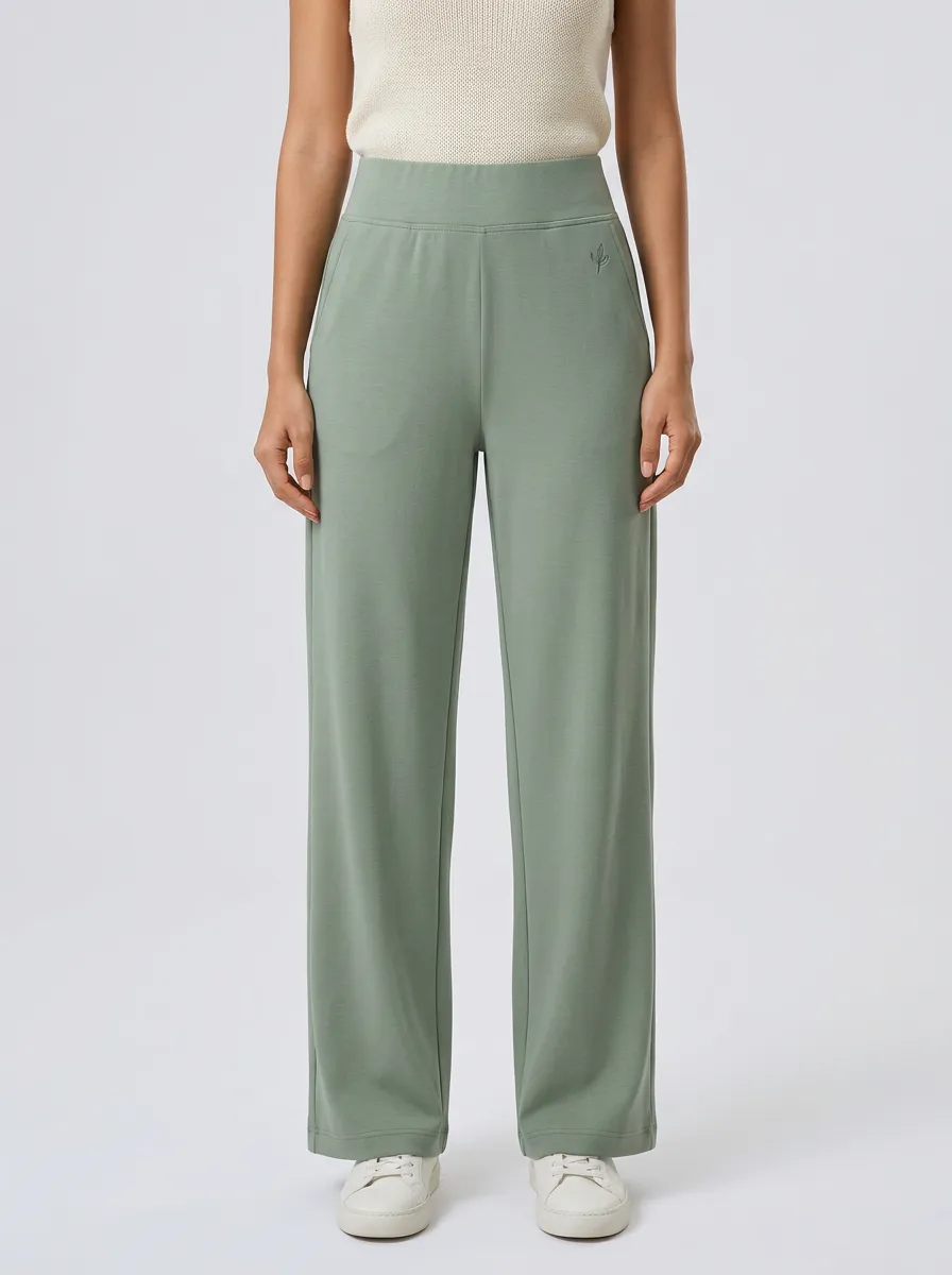 Women's Minimalist Sage Green Leaf Embroidered Printed Pants