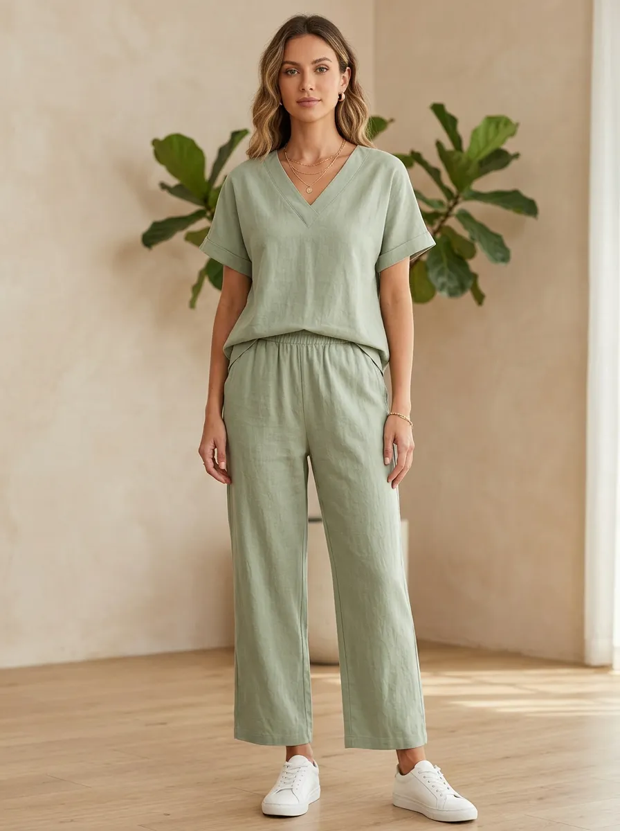 Short-Sleeve Minimalist Women's V-Neck Casual Lounge Set