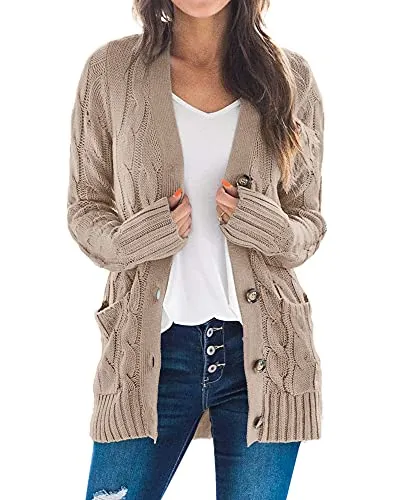 Women's Cable Knit Cardigan Long Sleeve Open Front Button Down Knitwear Sweater Coat