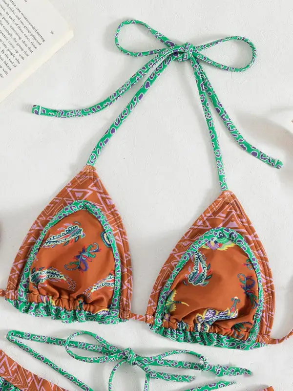 Ethnic Print Halter Neck Tie Bikini Swim Set