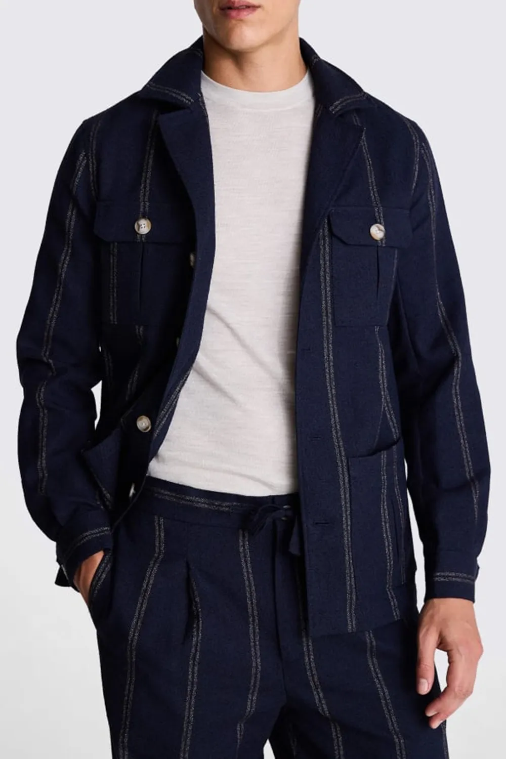 Cotton-Linen Blend Navy Striped Casual Jacket