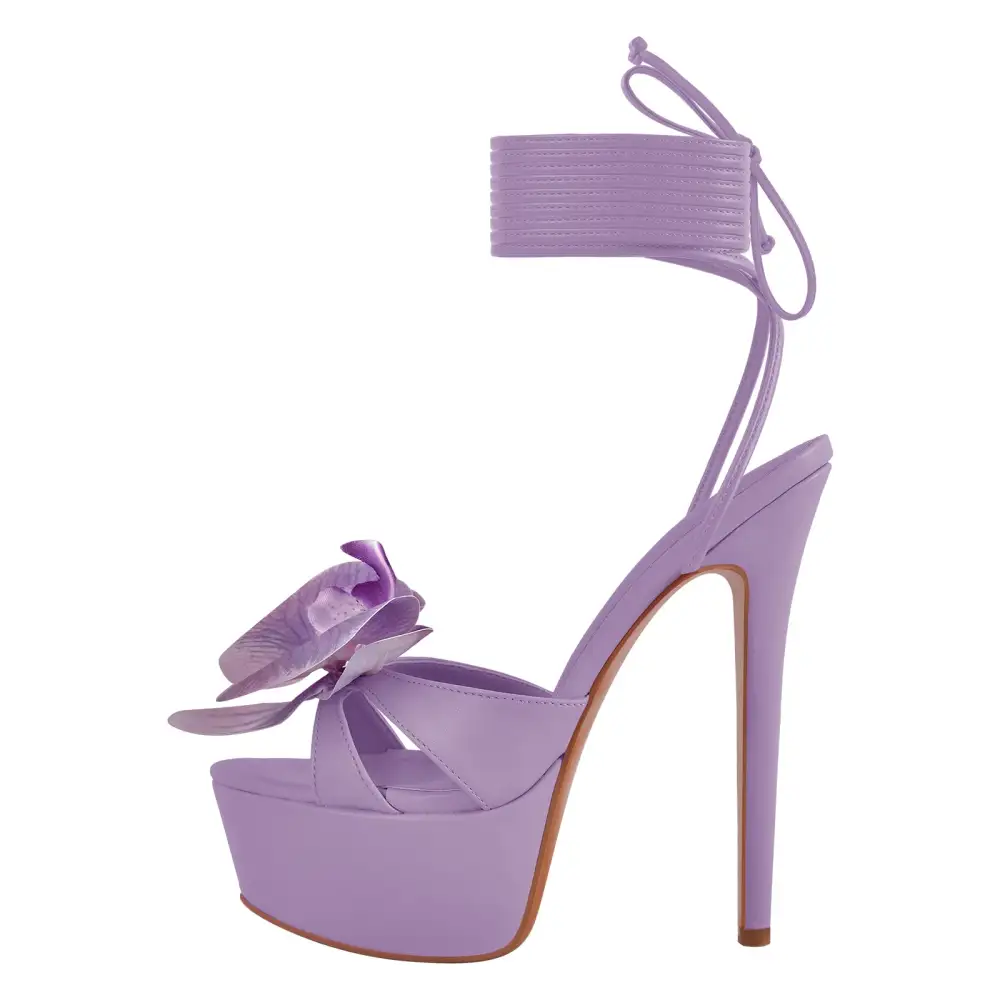 Round Toe Flower Platform Lace Up Stiletto Sandals