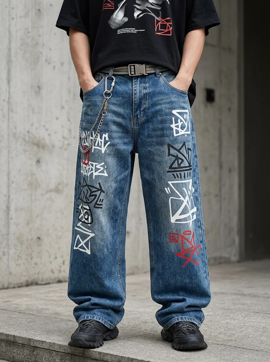 Unisex Modern Streetwear Graffiti Baggy Jeans