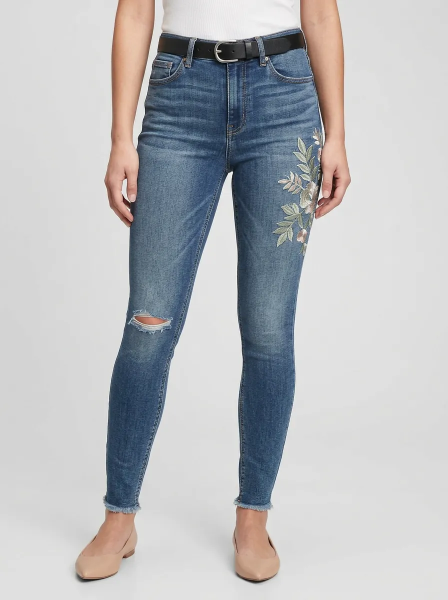 Women's Floral Embroidery Ripped Hem Printed Slim Jeans