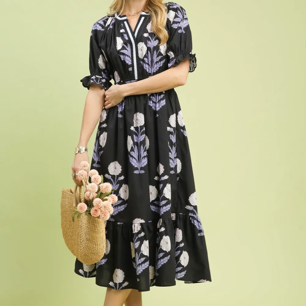 Floral Striped Smocked Tiered Dress