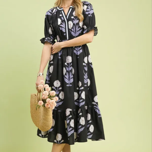 Floral Striped Smocked Tiered Dress