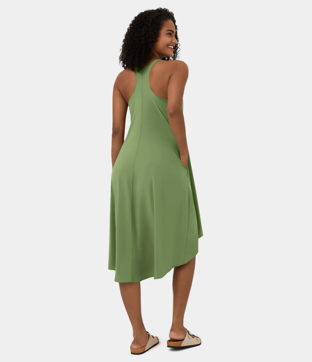 Breezeful Backless Racerback Side Pocket High Low Flowy Midi Quick Dry Casual Dress