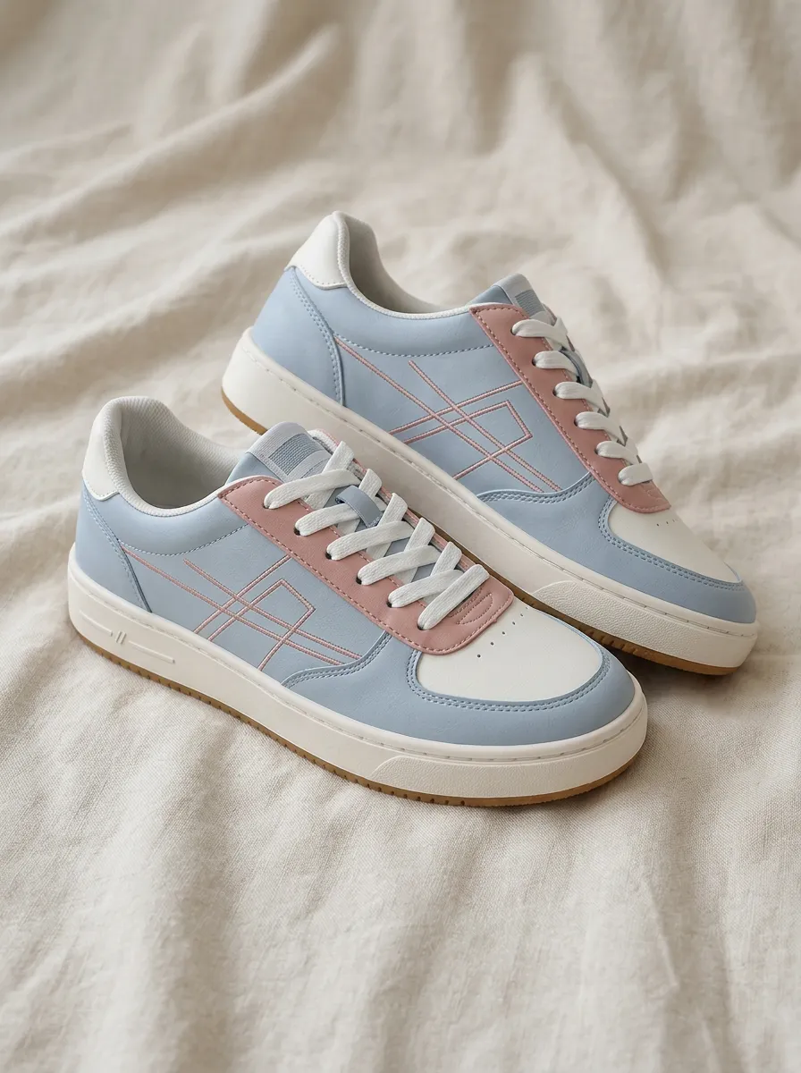 Women's Pastel Blue Pink Geometric Pattern Printed Sneakers