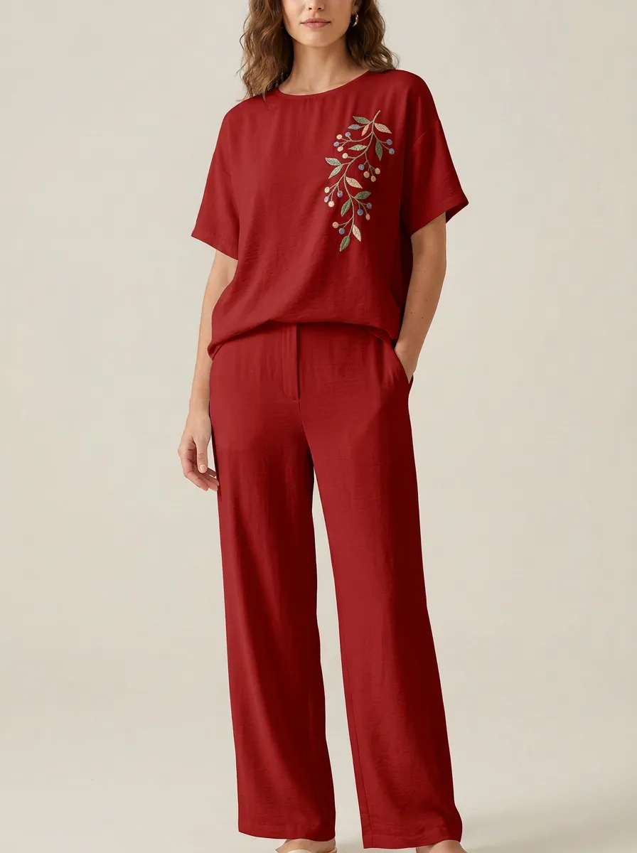 Women's Botanical Embroidered Short-Sleeve Top And Straight-Leg Trouser Two-Piece Set