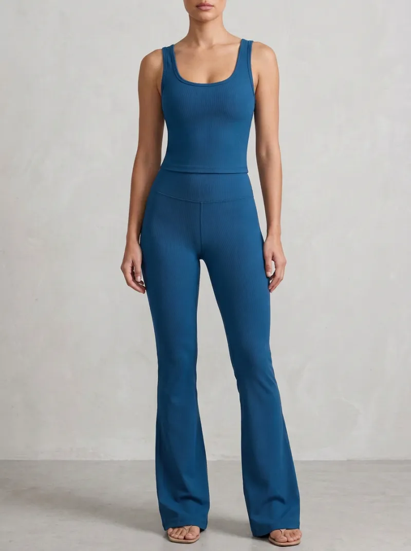 Women's Vintage Inspired Ribbed Yoga Inspired Fitness Inspired Tank Top and Flare Pants Active Set