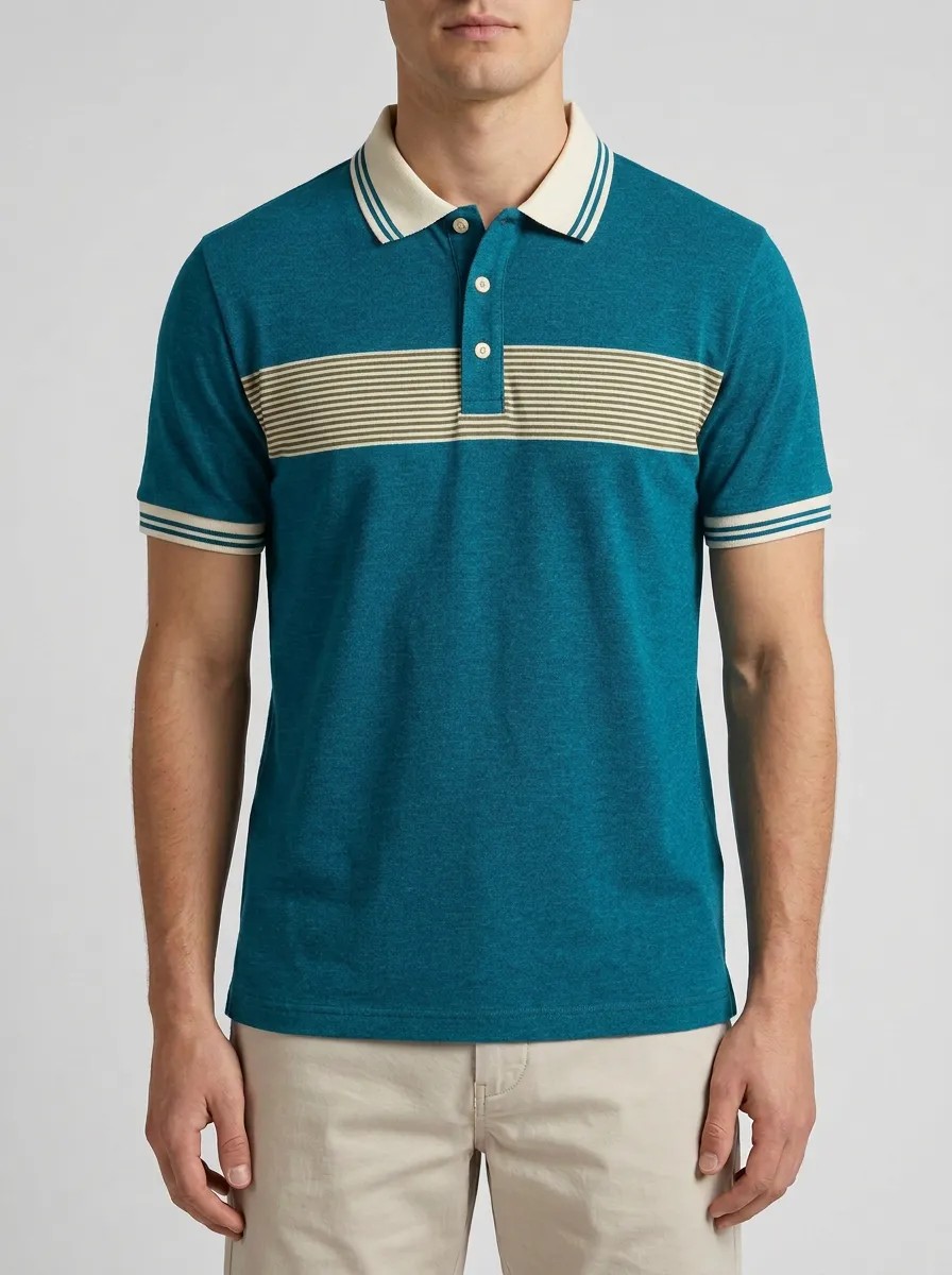 Men's Casual Navy Blue Striped Chest Printed Polo Shirt