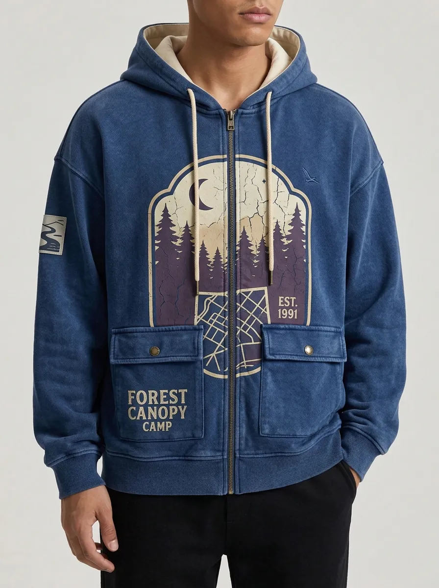 Men's Forest Canopy Camp Moon Pine Tree Printed Zip Hoodie